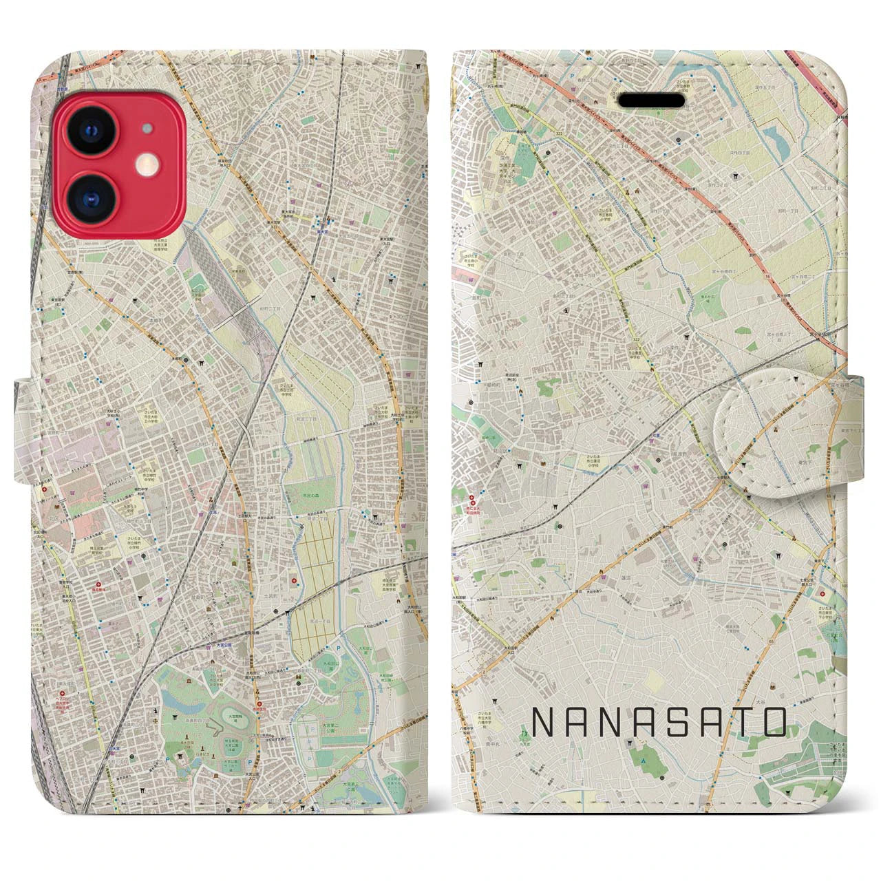 【七里(埼玉県)】地図柄iPhoneケース(手帳タイプ)ナチュラル・iPhone 11 用