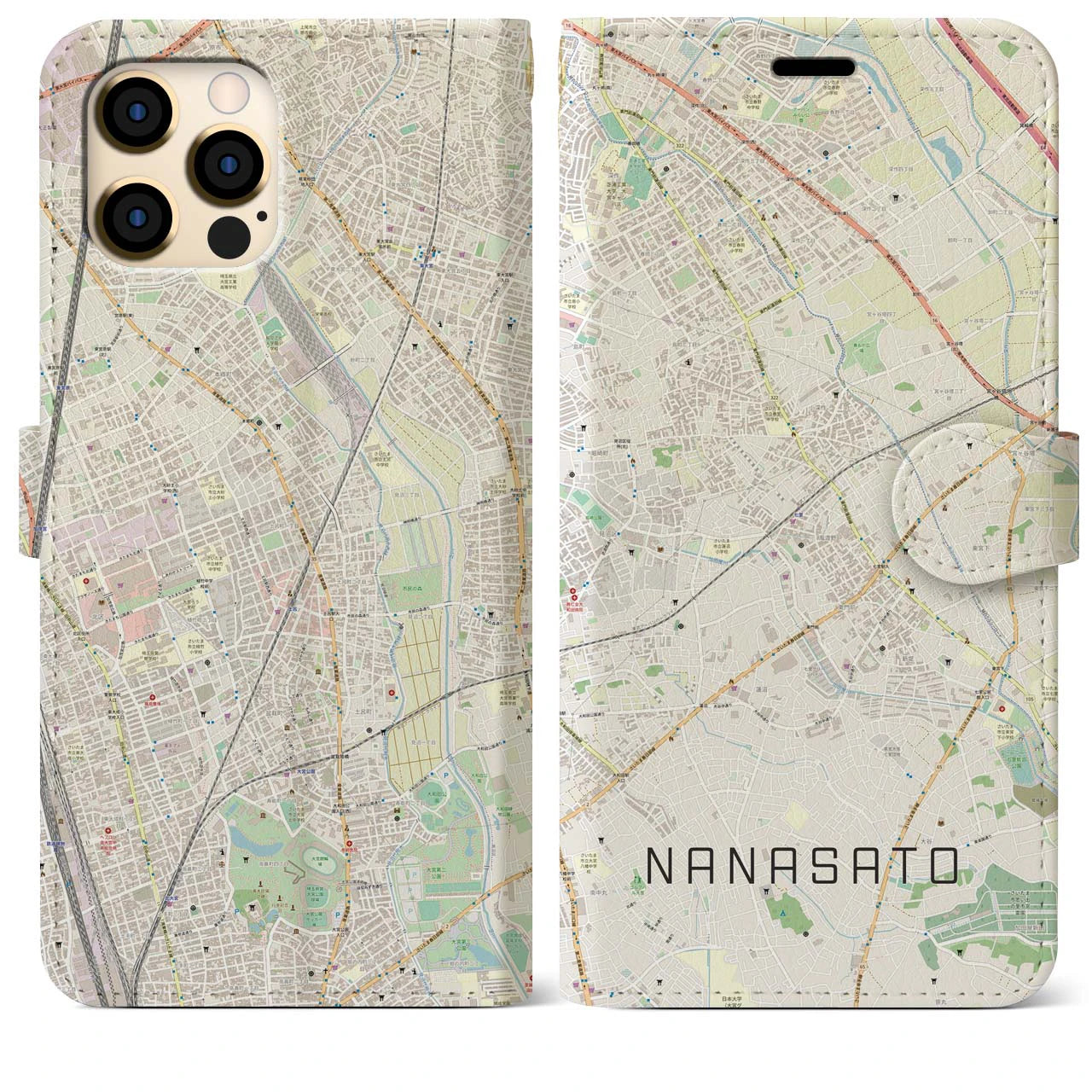 【七里(埼玉県)】地図柄iPhoneケース(手帳タイプ)ナチュラル・iPhone 12 Pro Max 用