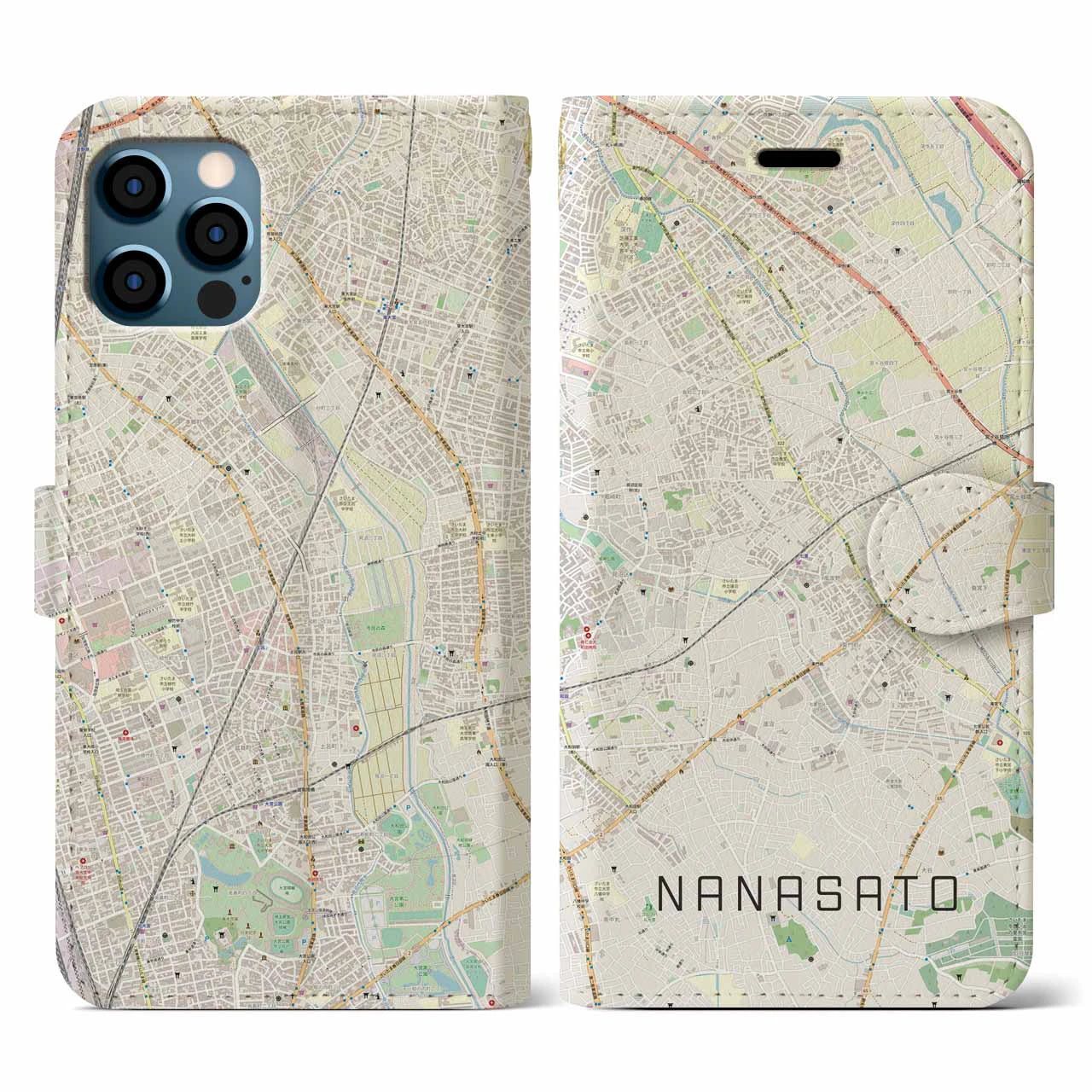 【七里(埼玉県)】地図柄iPhoneケース(手帳タイプ)ナチュラル・iPhone 12 / 12 Pro 用