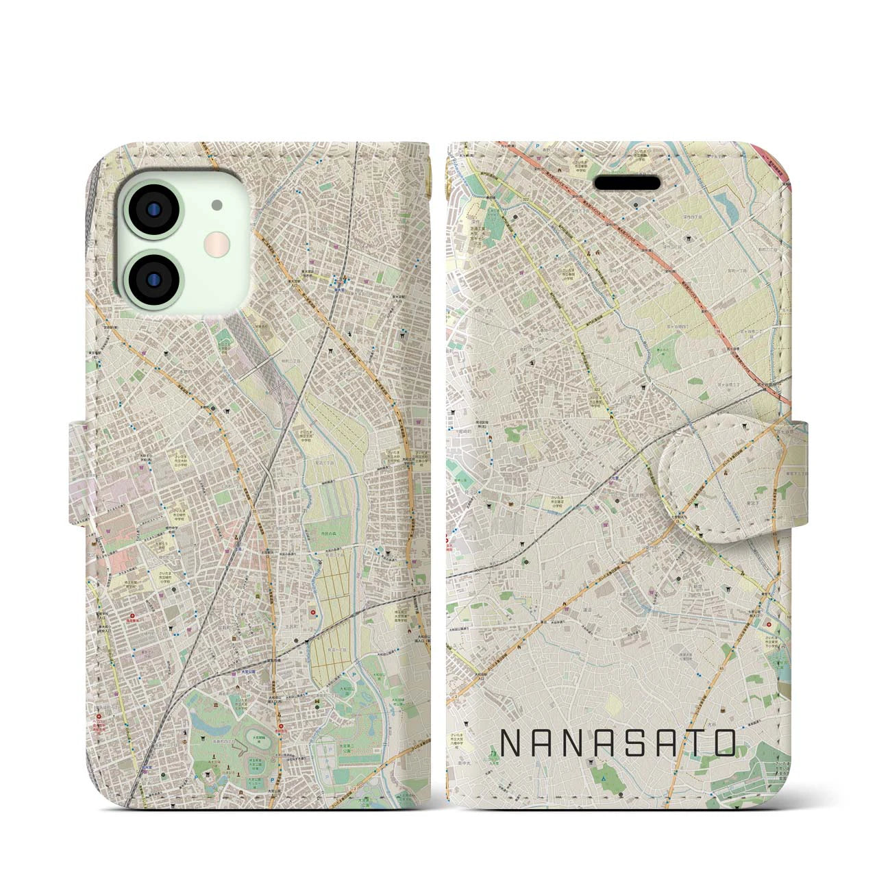 【七里(埼玉県)】地図柄iPhoneケース(手帳タイプ)ナチュラル・iPhone 12 mini 用