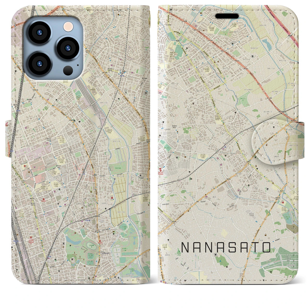 【七里(埼玉県)】地図柄iPhoneケース(手帳タイプ)ナチュラル・iPhone 13 Pro Max 用