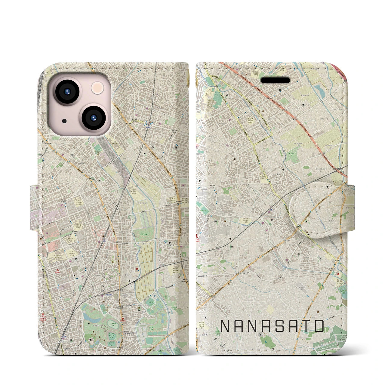 【七里(埼玉県)】地図柄iPhoneケース(手帳タイプ)ナチュラル・iPhone 13 mini 用
