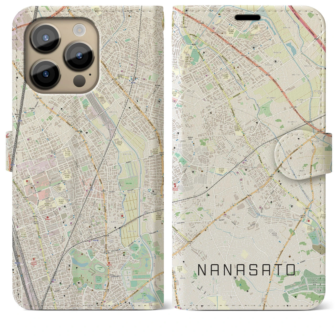 【七里(埼玉県)】地図柄iPhoneケース(手帳タイプ)ナチュラル・iPhone 14 Pro Max 用