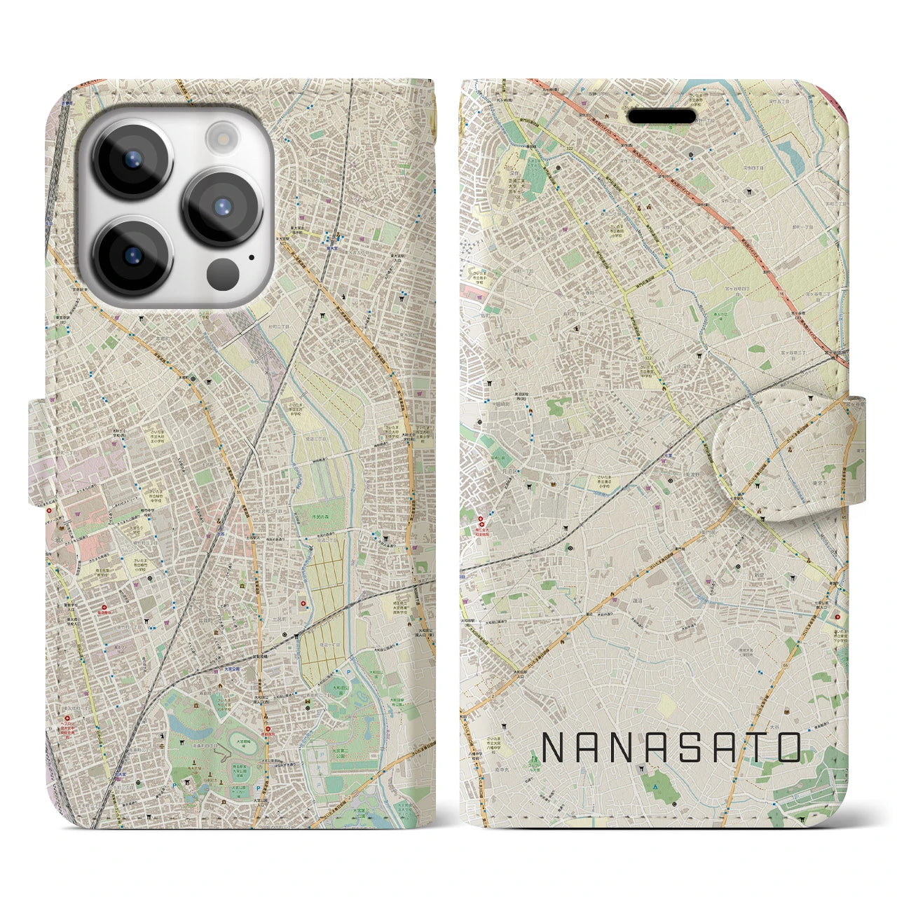 【七里(埼玉県)】地図柄iPhoneケース(手帳タイプ)ナチュラル・iPhone 14 Pro 用