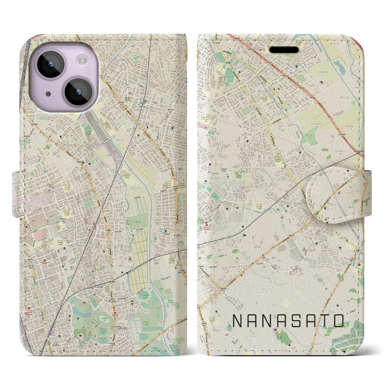 【七里(埼玉県)】地図柄iPhoneケース(手帳タイプ)ナチュラル・iPhone 14 用
