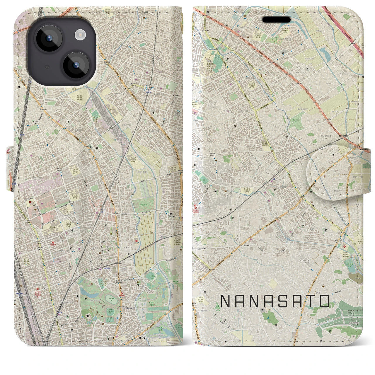 【七里(埼玉県)】地図柄iPhoneケース(手帳タイプ)ナチュラル・iPhone 14 Plus 用