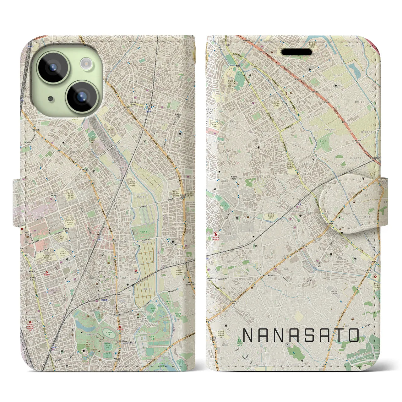 【七里(埼玉県)】地図柄iPhoneケース(手帳タイプ)ナチュラル・iPhone 15 用