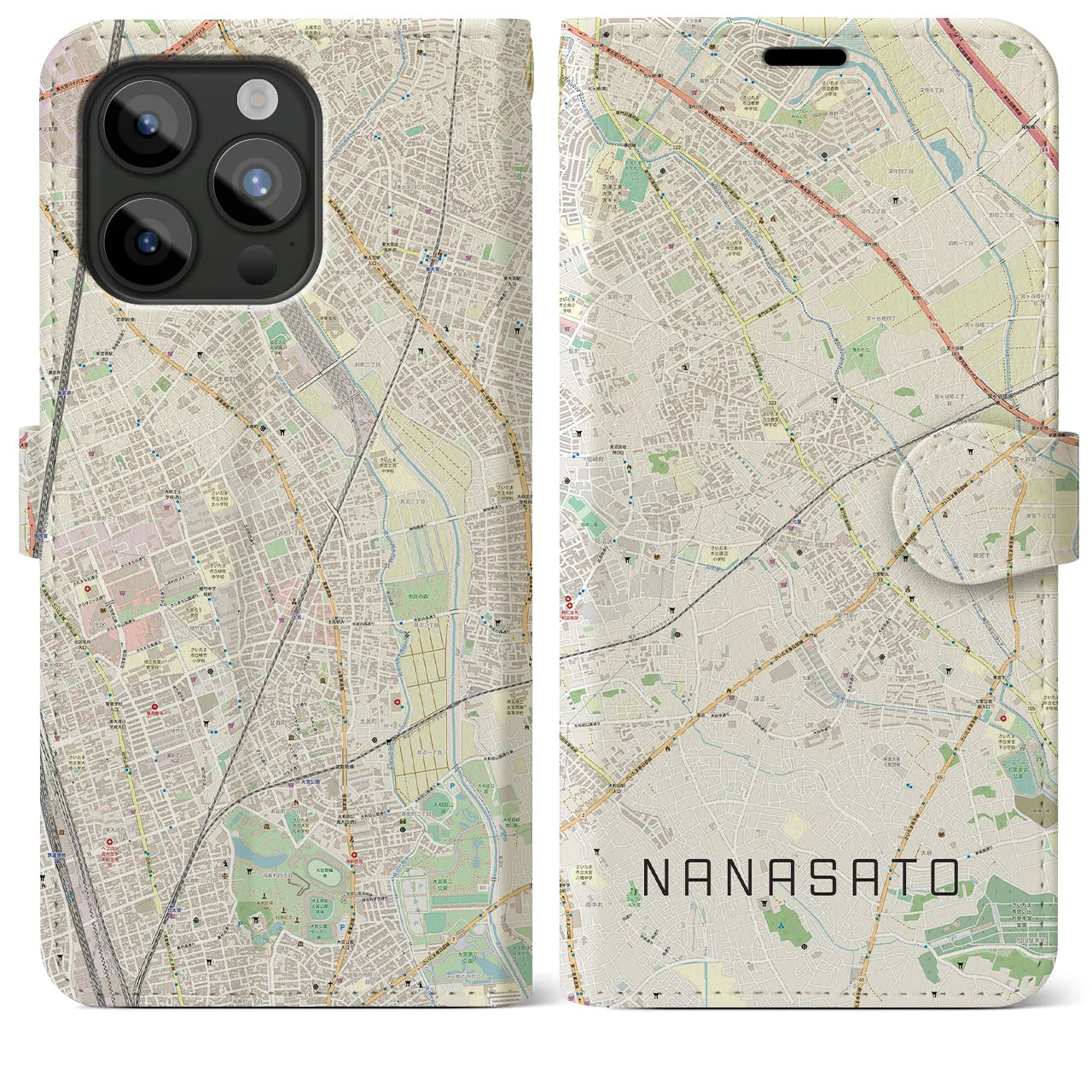 【七里(埼玉県)】地図柄iPhoneケース(手帳タイプ)ナチュラル・iPhone 15 Pro Max 用