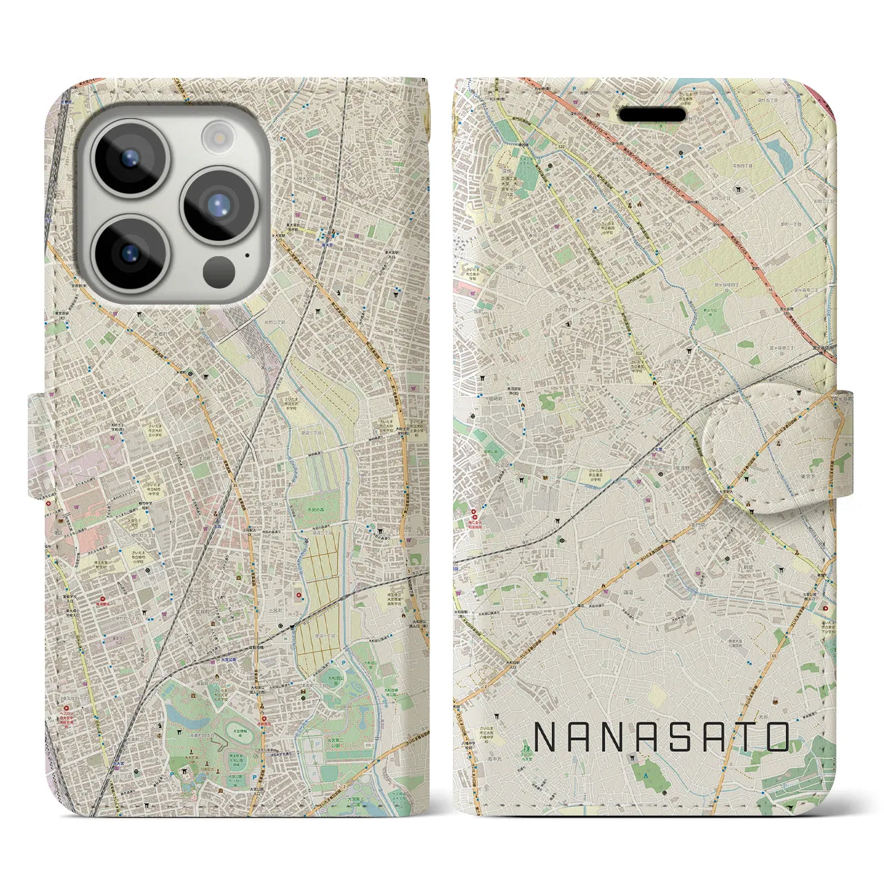【七里(埼玉県)】地図柄iPhoneケース(手帳タイプ)ナチュラル・iPhone 15 Pro 用