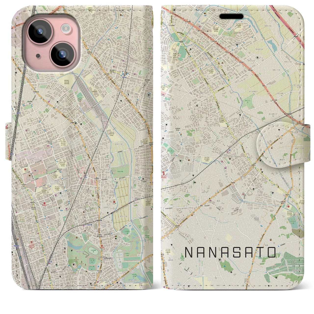【七里(埼玉県)】地図柄iPhoneケース(手帳タイプ)ナチュラル・iPhone 15 Plus 用