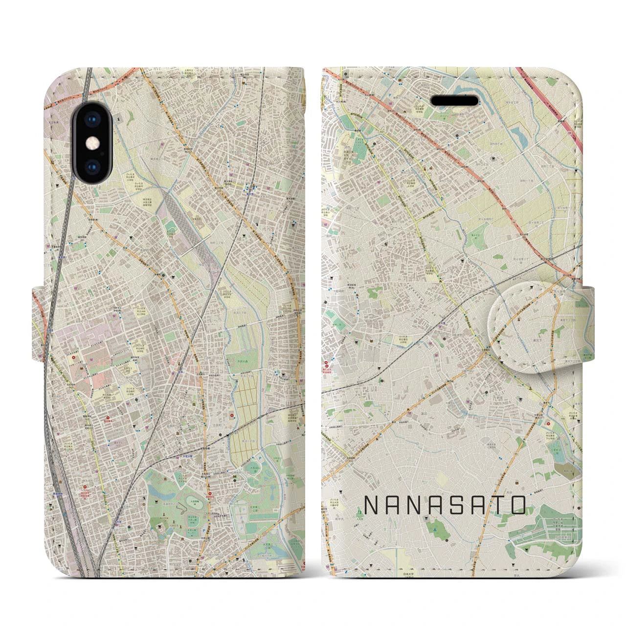 【七里(埼玉県)】地図柄iPhoneケース(手帳タイプ)ナチュラル・iPhone XS / X 用