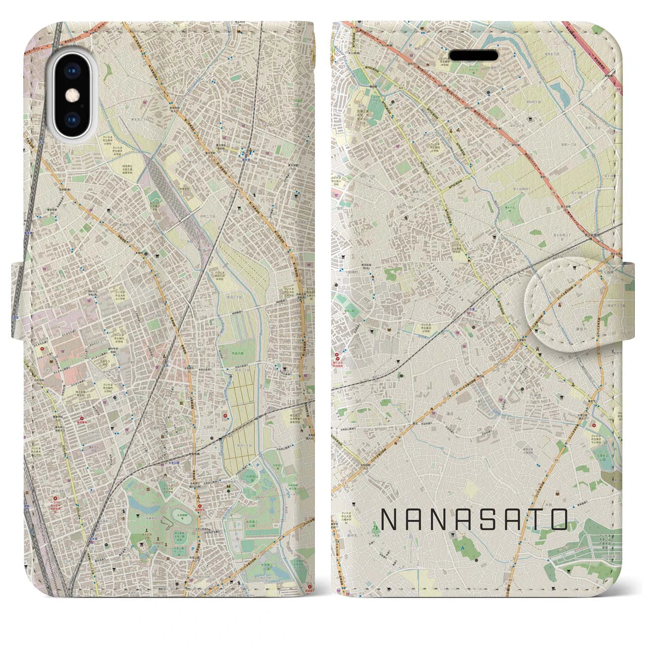 【七里(埼玉県)】地図柄iPhoneケース(手帳タイプ)ナチュラル・iPhone XS Max 用