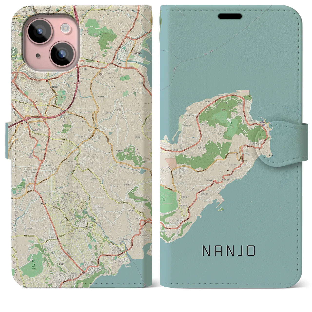 【南城(沖縄県)】地図柄iPhoneケース(手帳タイプ)ナチュラル・iPhone 15 Plus 用