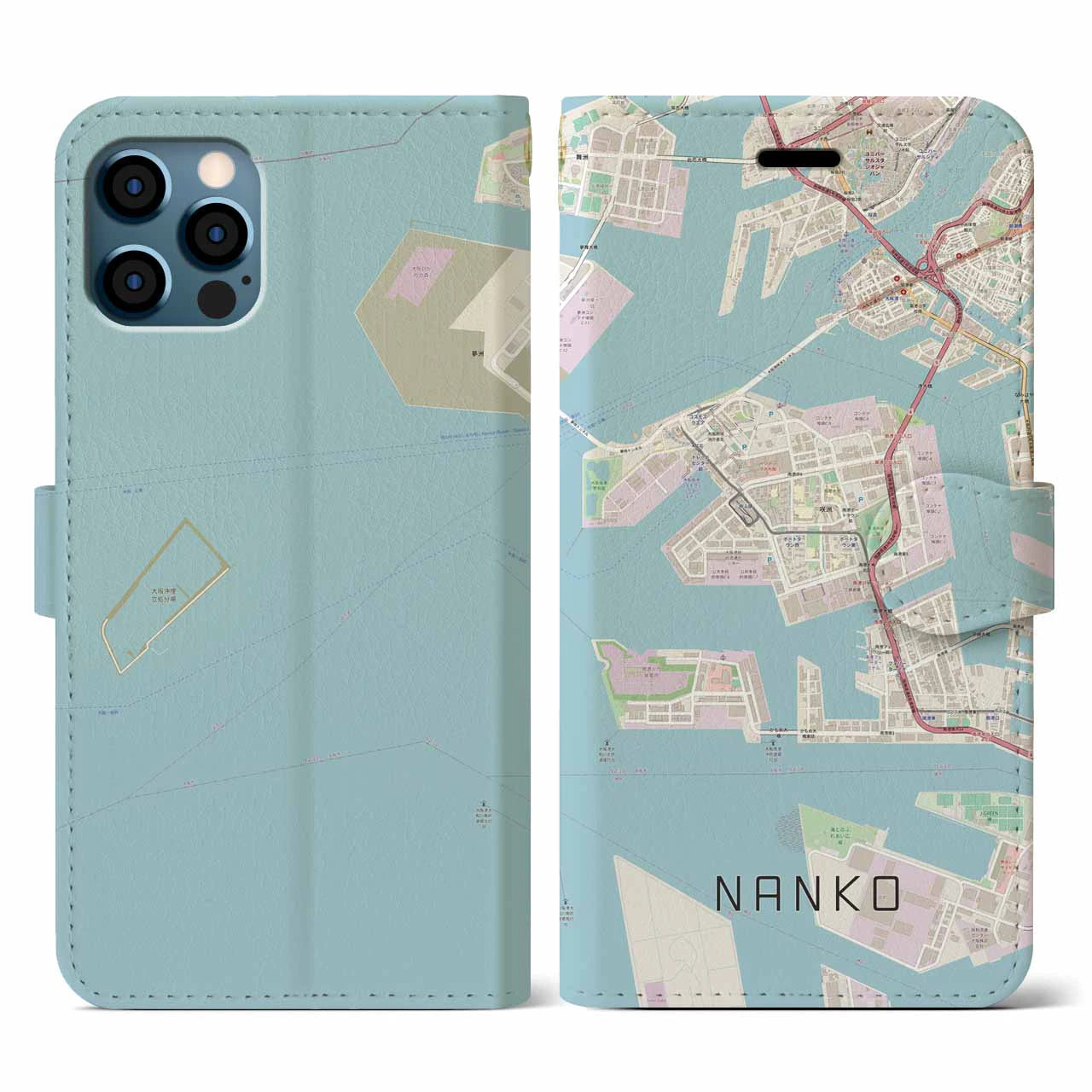 【南港(大阪府)】地図柄iPhoneケース(手帳タイプ)ナチュラル・iPhone 12 / 12 Pro 用