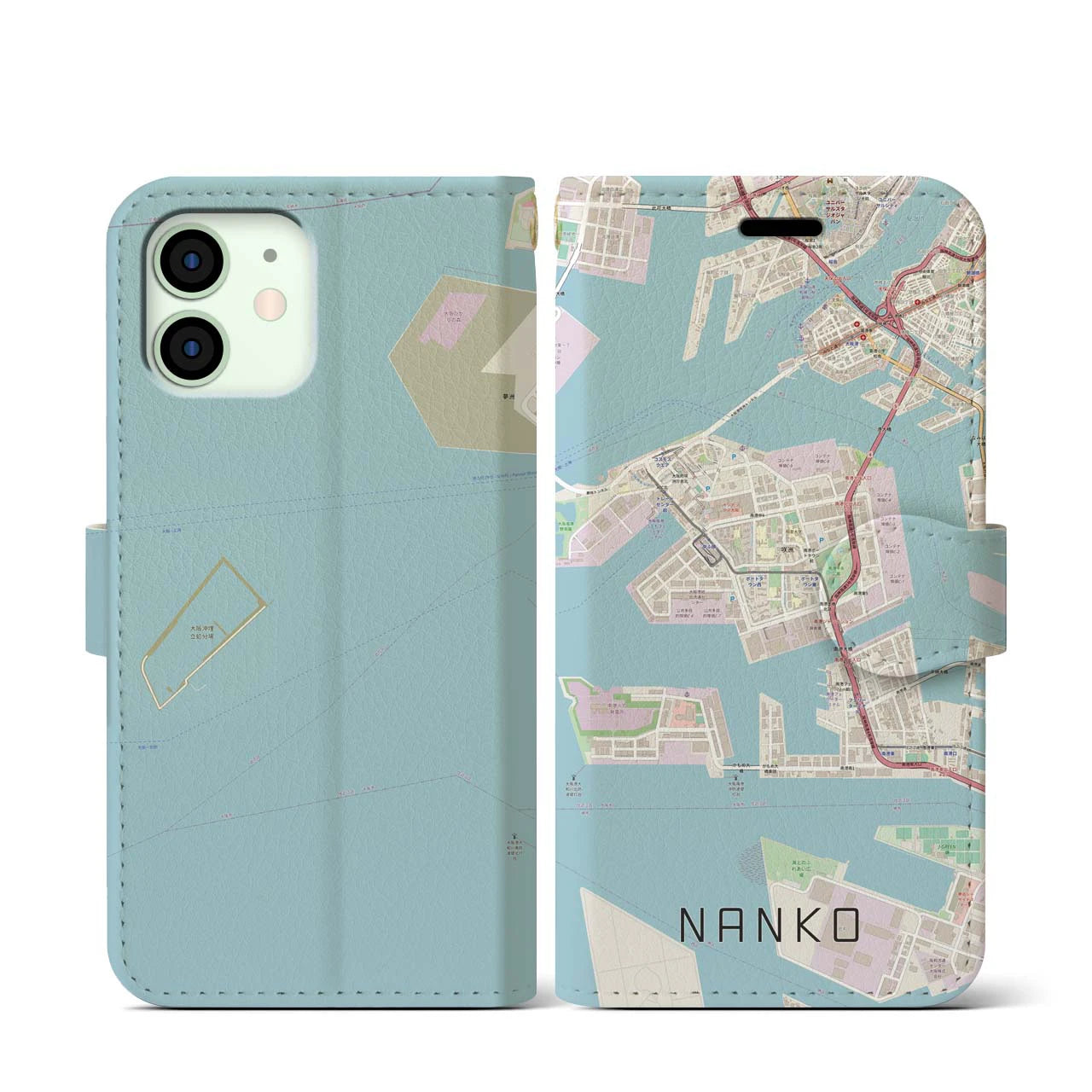 【南港(大阪府)】地図柄iPhoneケース(手帳タイプ)ナチュラル・iPhone 12 mini 用