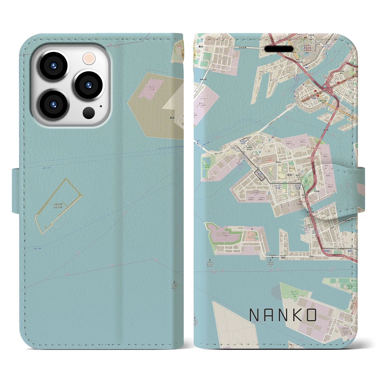 【南港(大阪府)】地図柄iPhoneケース(手帳タイプ)ナチュラル・iPhone 13 Pro 用