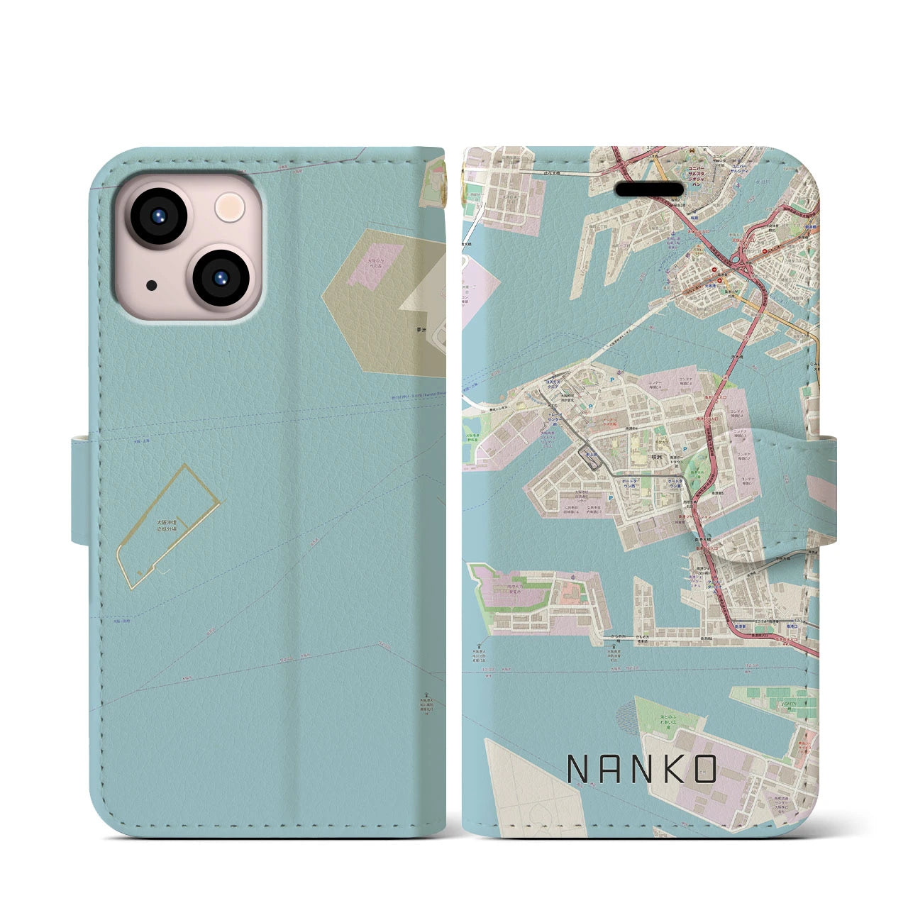 【南港(大阪府)】地図柄iPhoneケース(手帳タイプ)ナチュラル・iPhone 13 mini 用