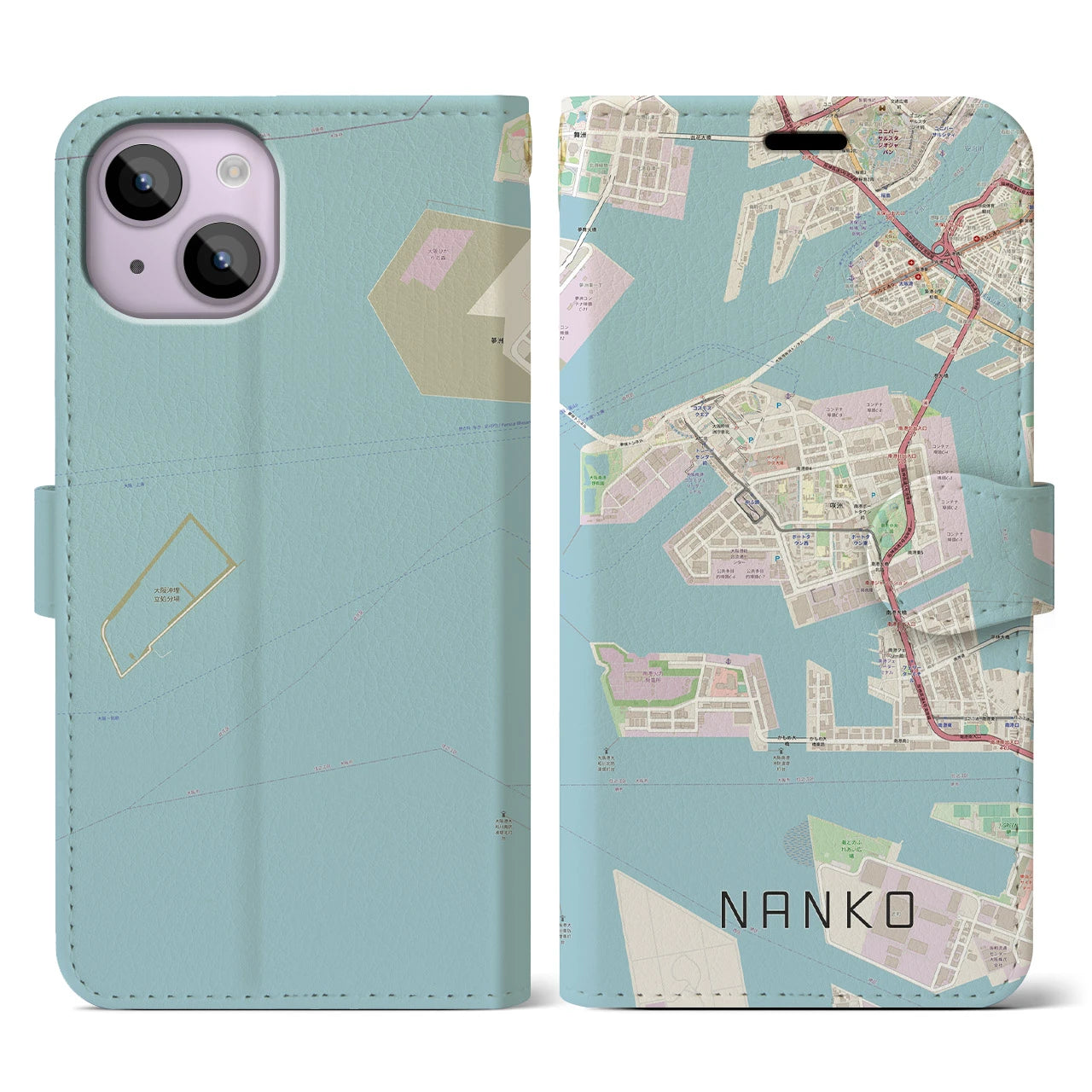 【南港(大阪府)】地図柄iPhoneケース(手帳タイプ)ナチュラル・iPhone 14 用