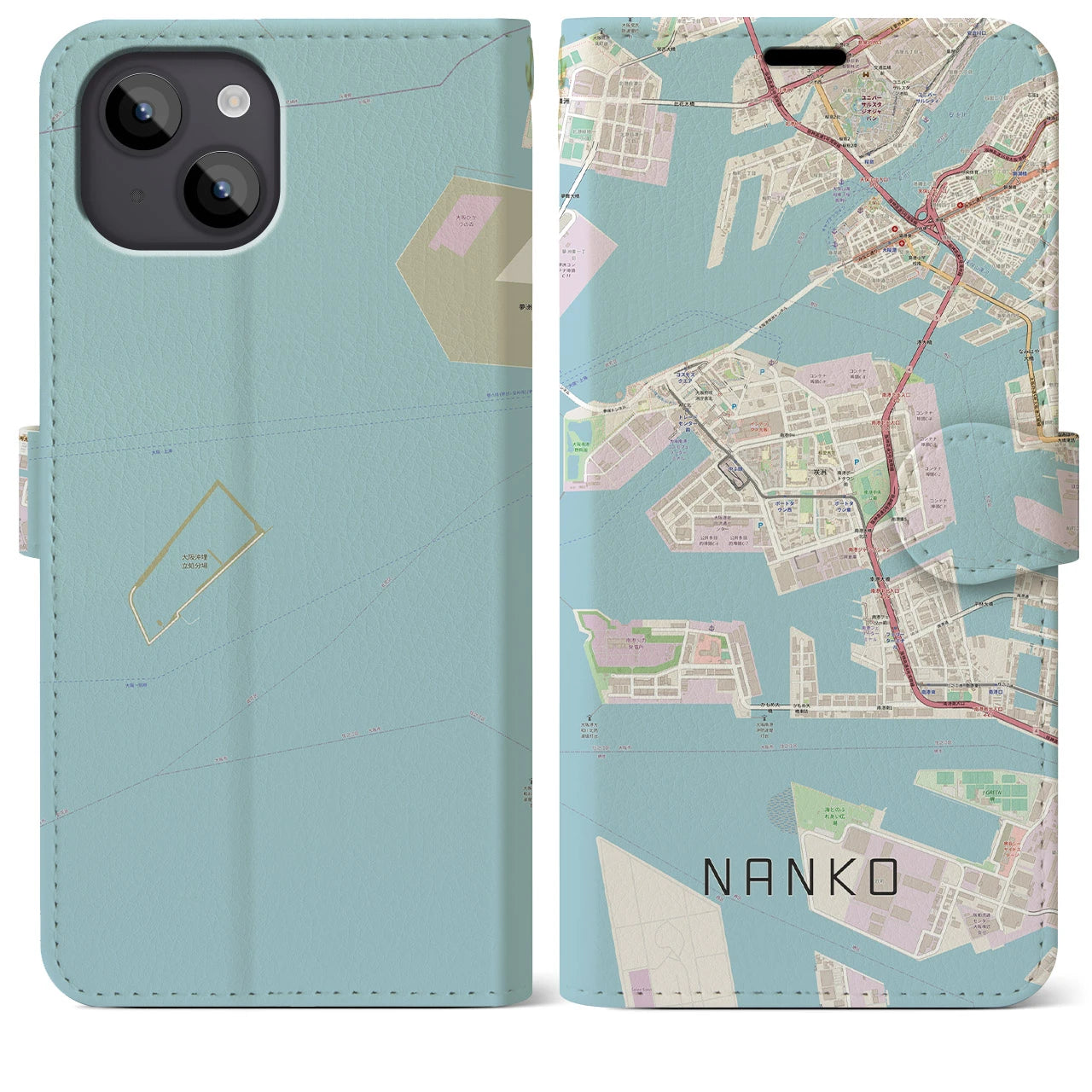 【南港(大阪府)】地図柄iPhoneケース(手帳タイプ)ナチュラル・iPhone 14 Plus 用