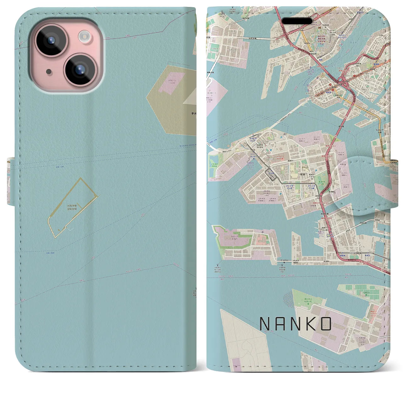 【南港(大阪府)】地図柄iPhoneケース(手帳タイプ)ナチュラル・iPhone 15 Plus 用