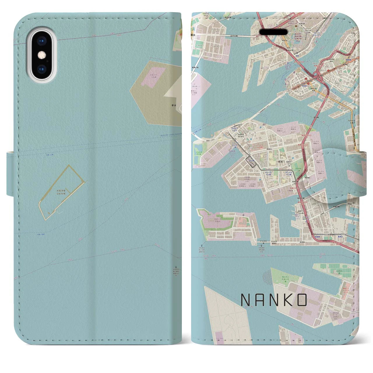 【南港(大阪府)】地図柄iPhoneケース(手帳タイプ)ナチュラル・iPhone XS Max 用