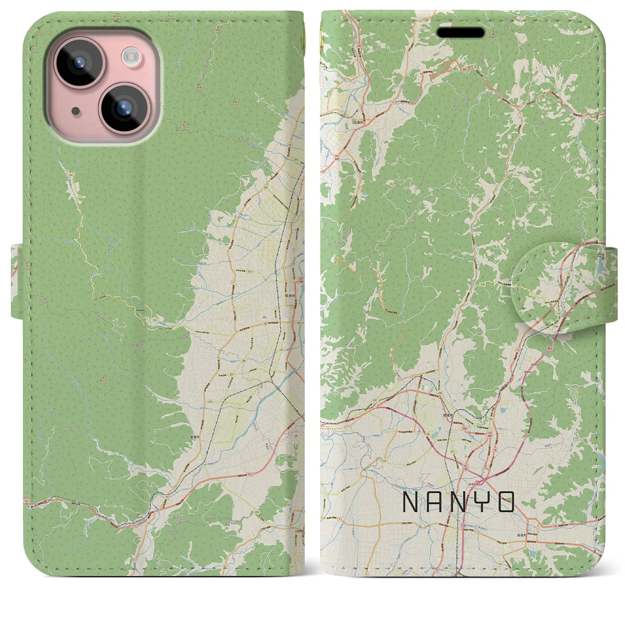 【南陽(山形県)】地図柄iPhoneケース(手帳タイプ)ナチュラル・iPhone 15 Plus 用
