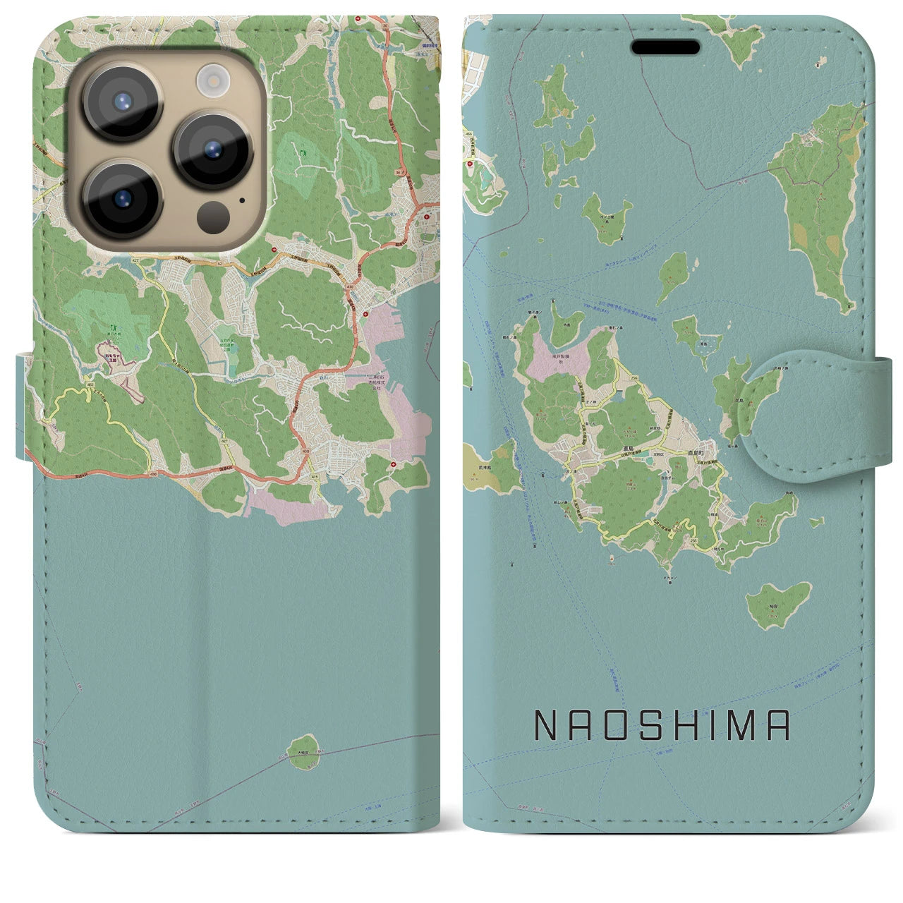 【直島(香川県)】地図柄iPhoneケース(手帳タイプ)ナチュラル・iPhone 14 Pro Max 用