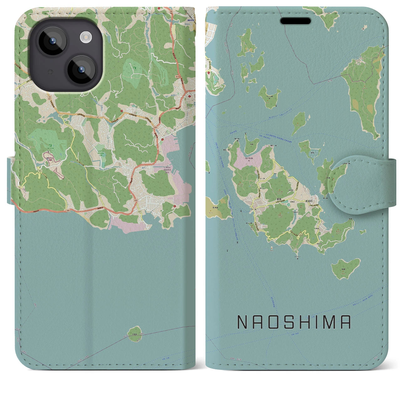 【直島(香川県)】地図柄iPhoneケース(手帳タイプ)ナチュラル・iPhone 14 Plus 用