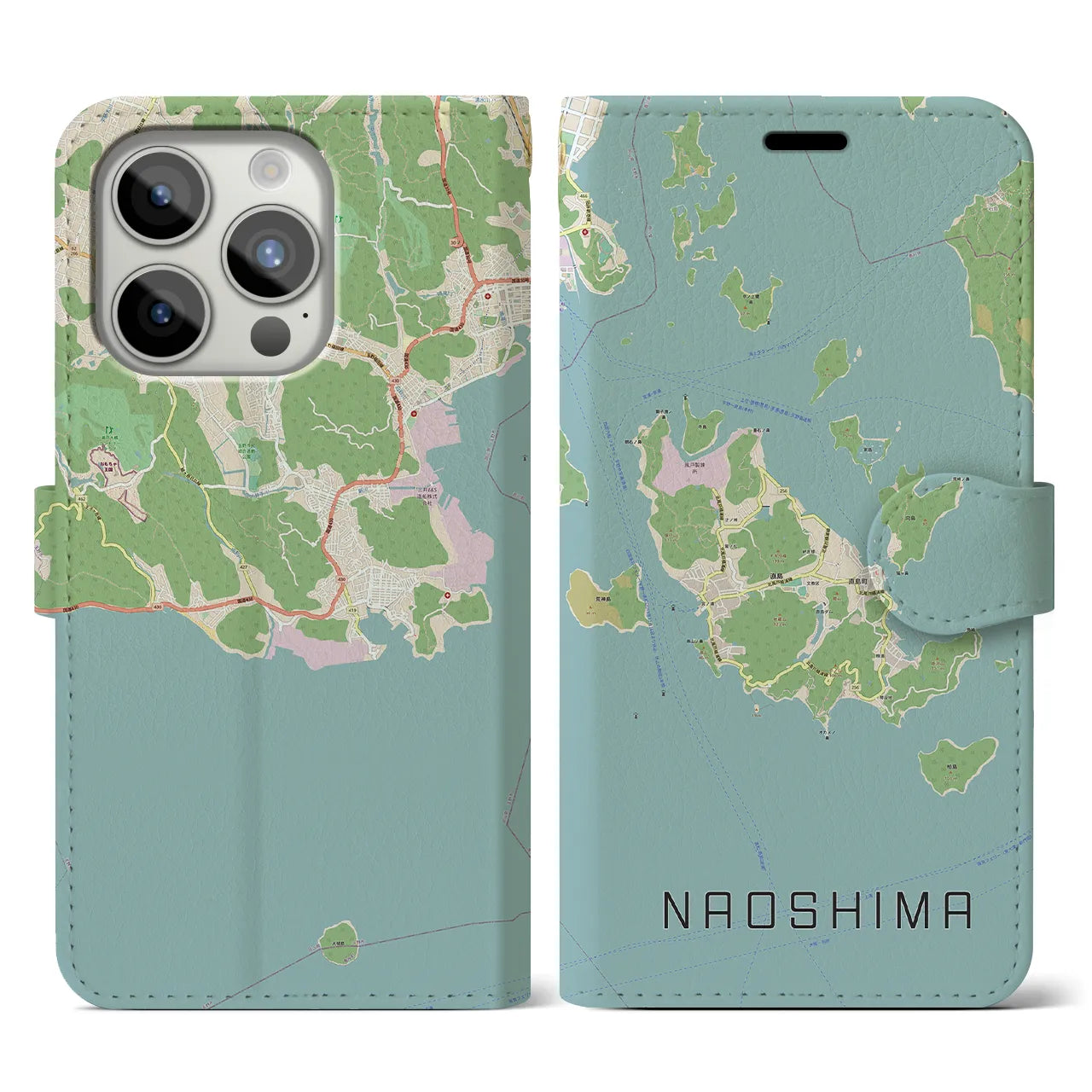 【直島(香川県)】地図柄iPhoneケース(手帳タイプ)ナチュラル・iPhone 15 Pro 用