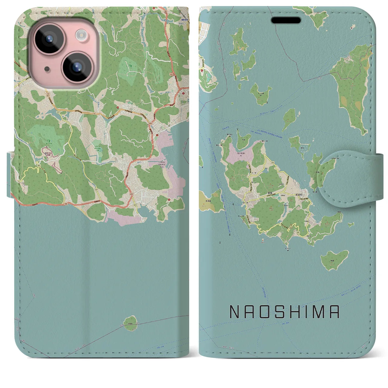 【直島(香川県)】地図柄iPhoneケース(手帳タイプ)ナチュラル・iPhone 15 Plus 用