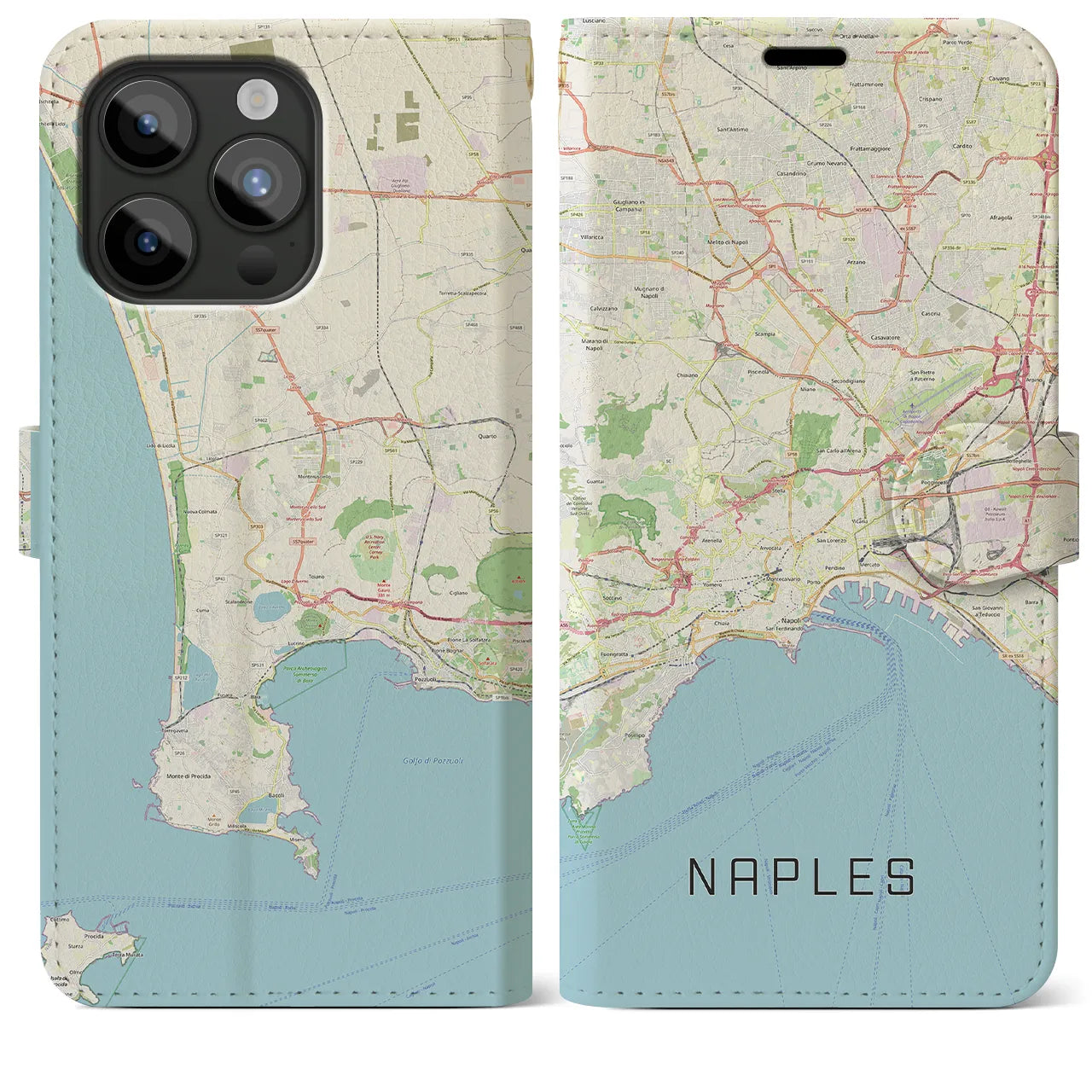 【ナポリ(イタリア)】地図柄iPhoneケース(手帳タイプ)ナチュラル・iPhone 15 Pro Max 用