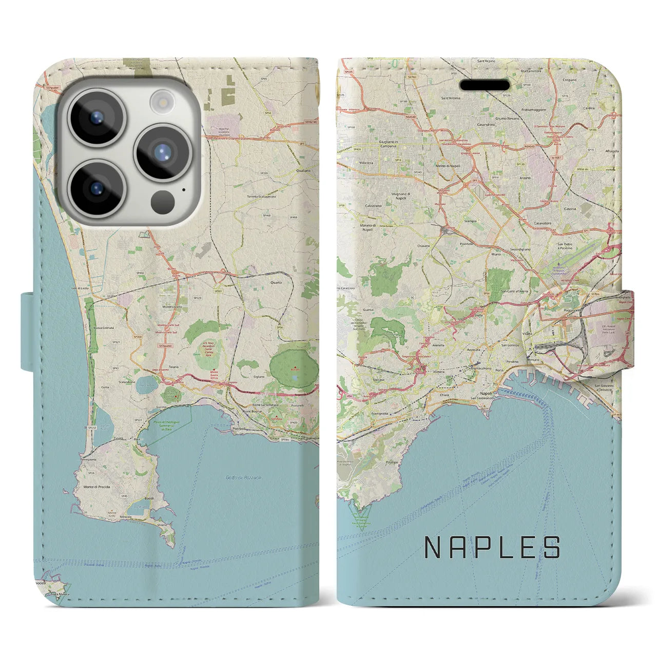 【ナポリ(イタリア)】地図柄iPhoneケース(手帳タイプ)ナチュラル・iPhone 15 Pro 用