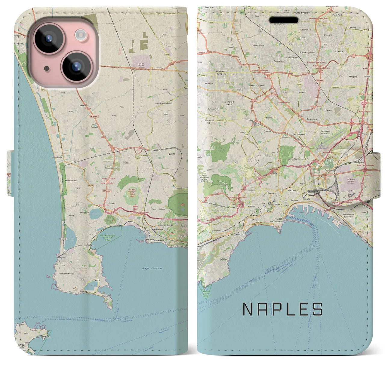 【ナポリ(イタリア)】地図柄iPhoneケース(手帳タイプ)ナチュラル・iPhone 15 Plus 用