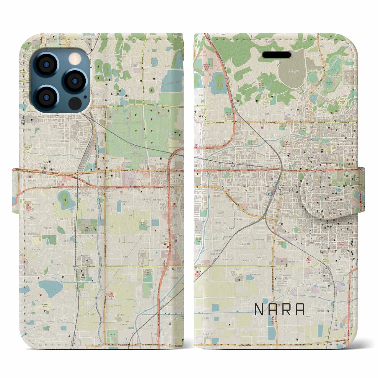 【奈良2(奈良県)】地図柄iPhoneケース(手帳タイプ)ナチュラル・iPhone 12 / 12 Pro 用