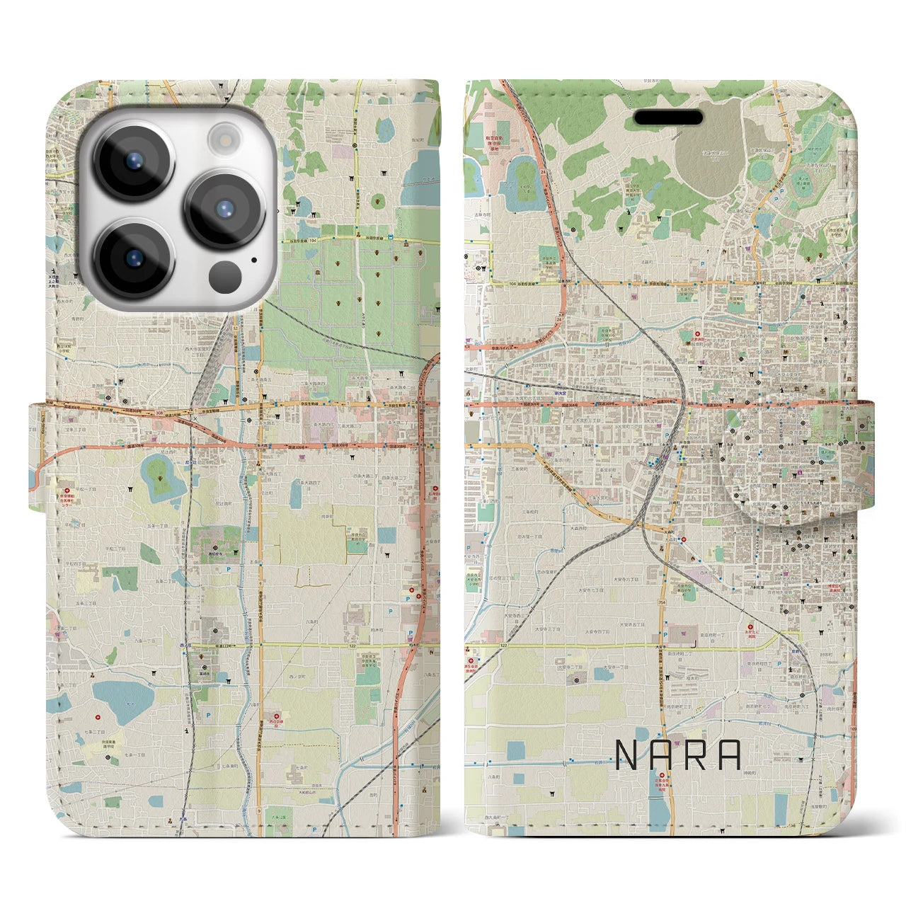 【奈良2(奈良県)】地図柄iPhoneケース(手帳タイプ)ナチュラル・iPhone 14 Pro 用