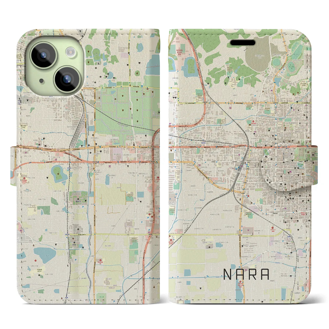 【奈良2(奈良県)】地図柄iPhoneケース(手帳タイプ)ナチュラル・iPhone 15 用