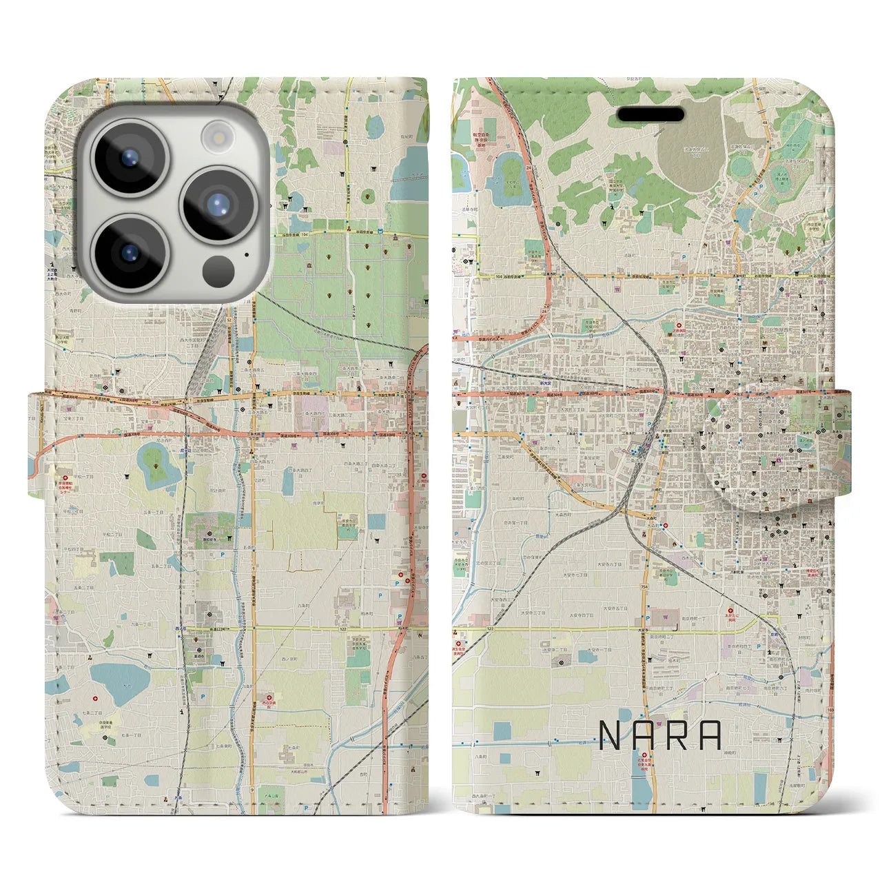 【奈良2(奈良県)】地図柄iPhoneケース(手帳タイプ)ナチュラル・iPhone 15 Pro 用