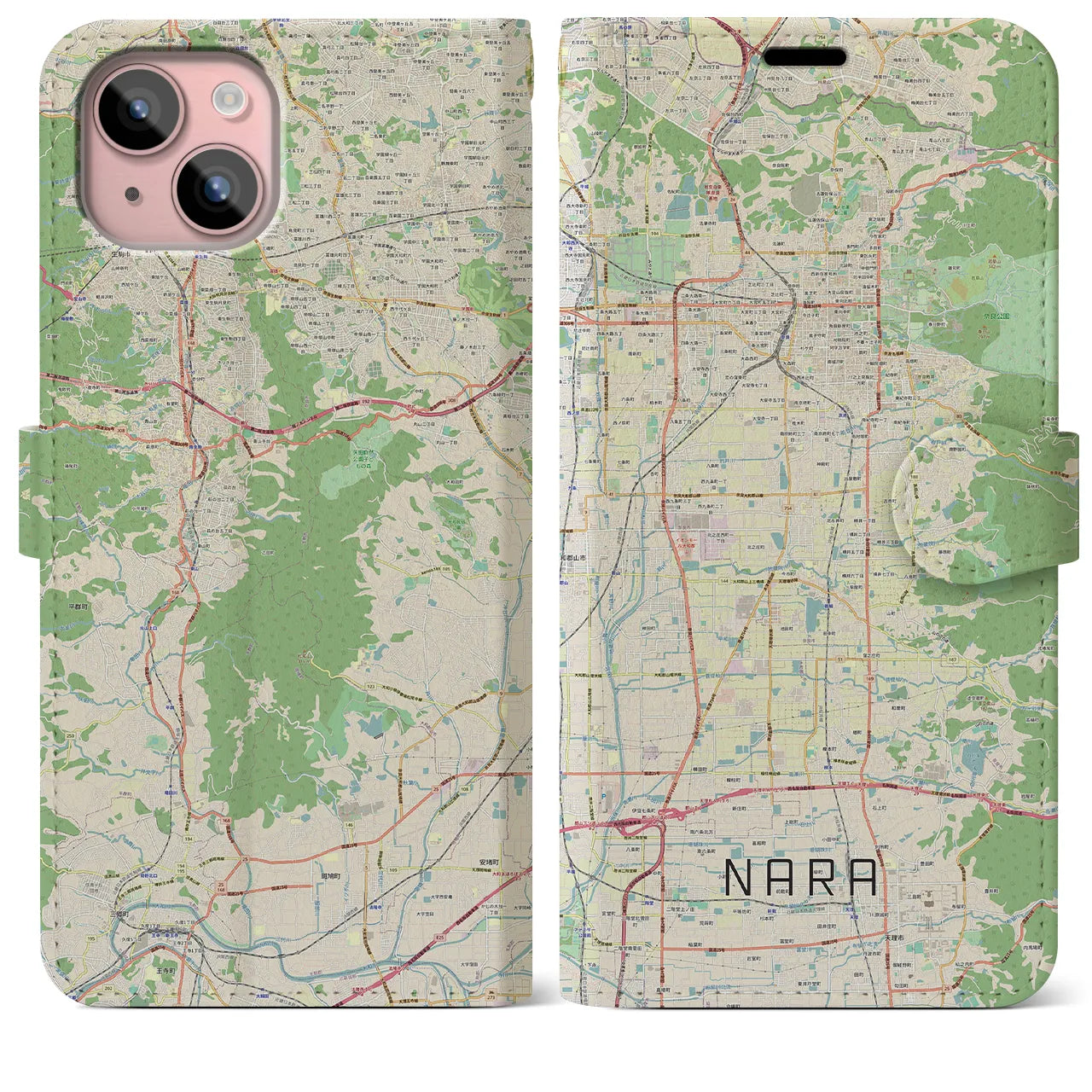 【奈良(奈良県)】地図柄iPhoneケース(手帳タイプ)ナチュラル・iPhone 15 Plus 用