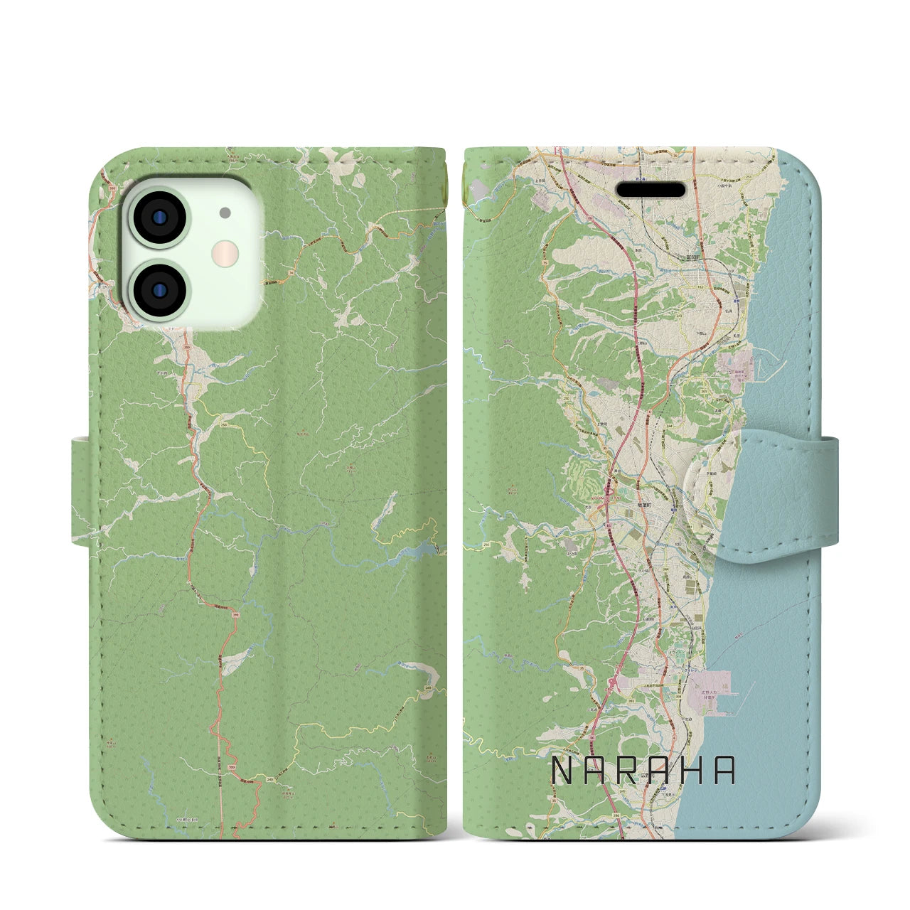 【楢葉(福島県)】地図柄iPhoneケース(手帳タイプ)ナチュラル・iPhone 12 mini 用