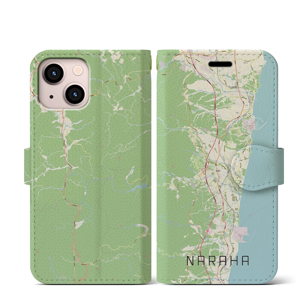 【楢葉(福島県)】地図柄iPhoneケース(手帳タイプ)ナチュラル・iPhone 13 mini 用