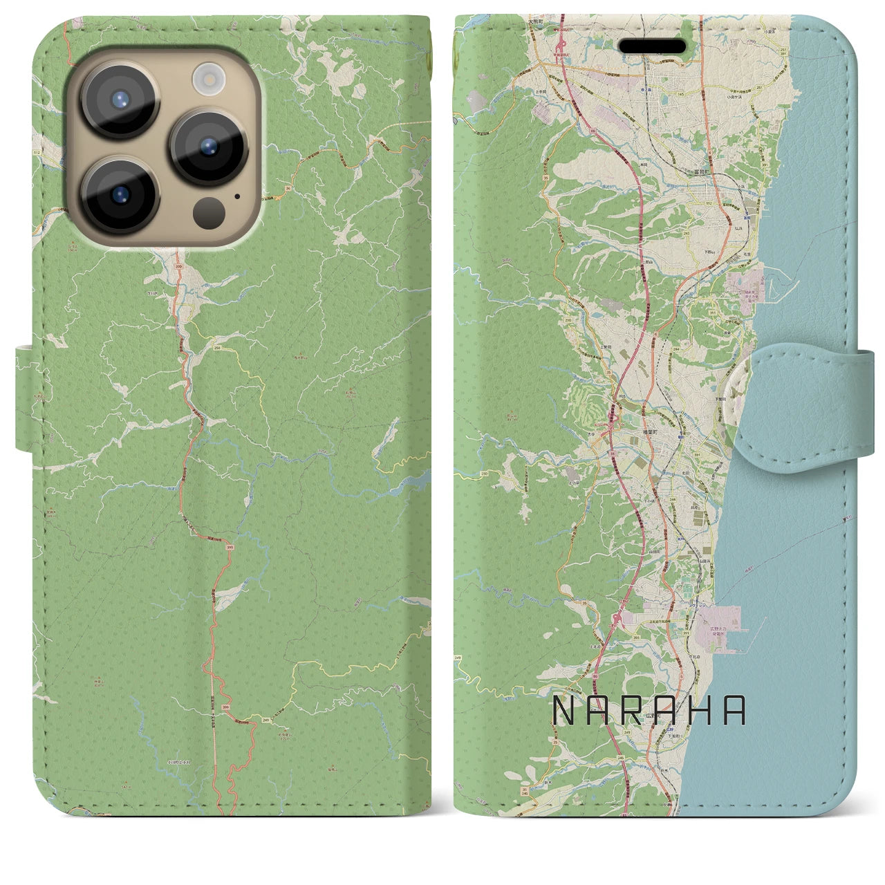 【楢葉(福島県)】地図柄iPhoneケース(手帳タイプ)ナチュラル・iPhone 14 Pro Max 用