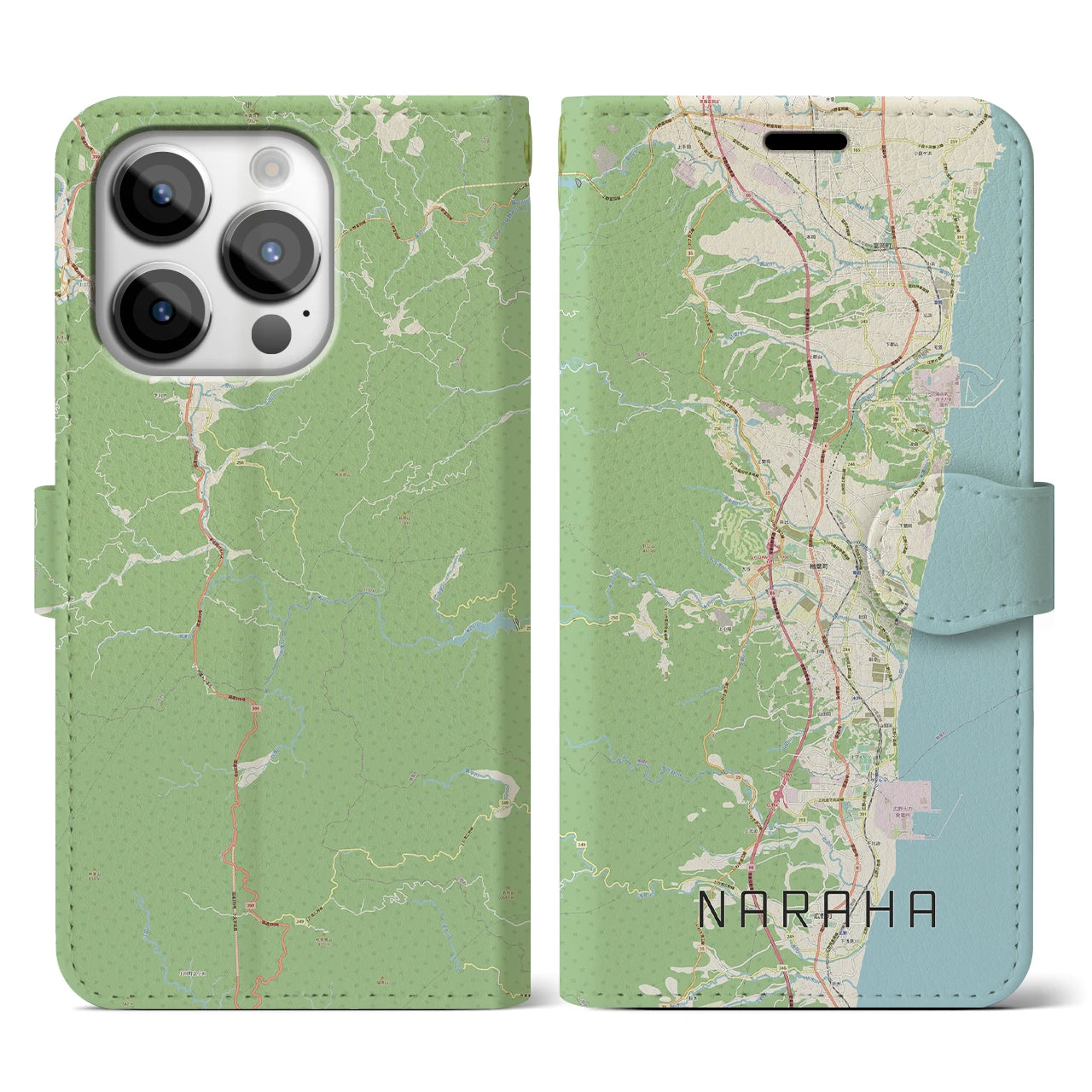 【楢葉(福島県)】地図柄iPhoneケース(手帳タイプ)ナチュラル・iPhone 14 Pro 用