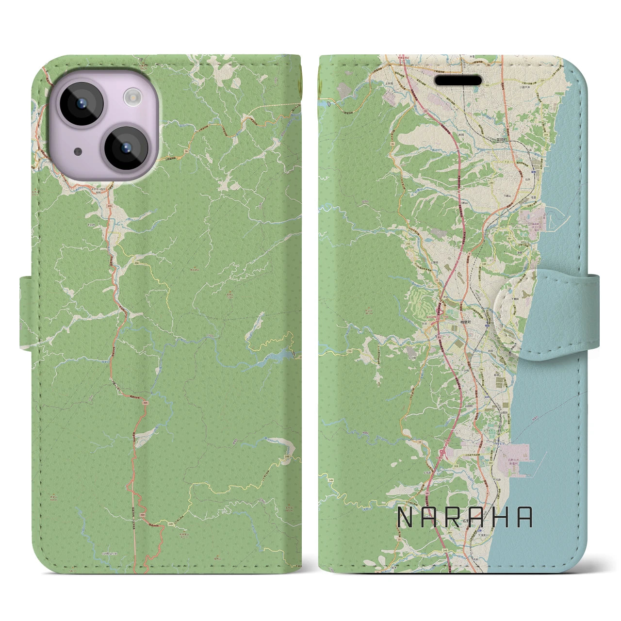 【楢葉(福島県)】地図柄iPhoneケース(手帳タイプ)ナチュラル・iPhone 14 用