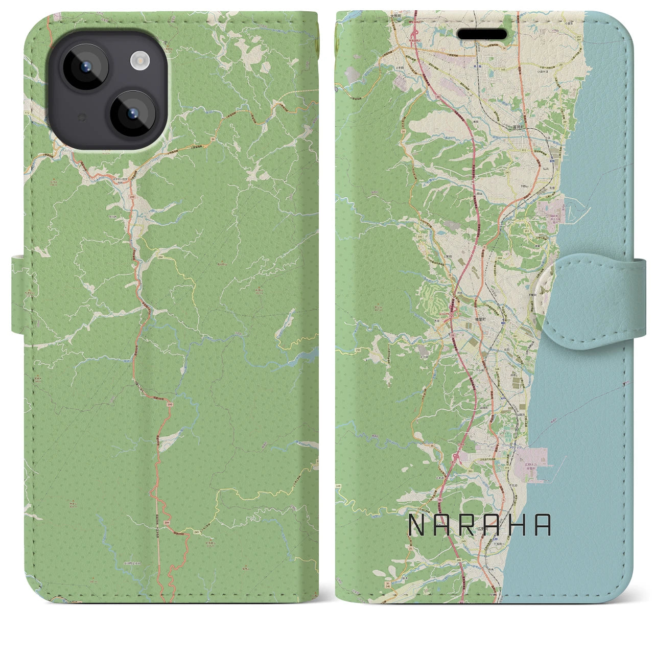 【楢葉(福島県)】地図柄iPhoneケース(手帳タイプ)ナチュラル・iPhone 14 Plus 用