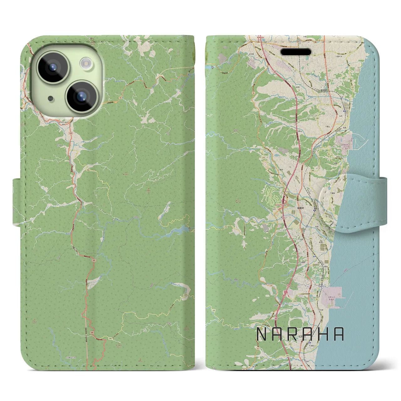 【楢葉(福島県)】地図柄iPhoneケース(手帳タイプ)ナチュラル・iPhone 15 用