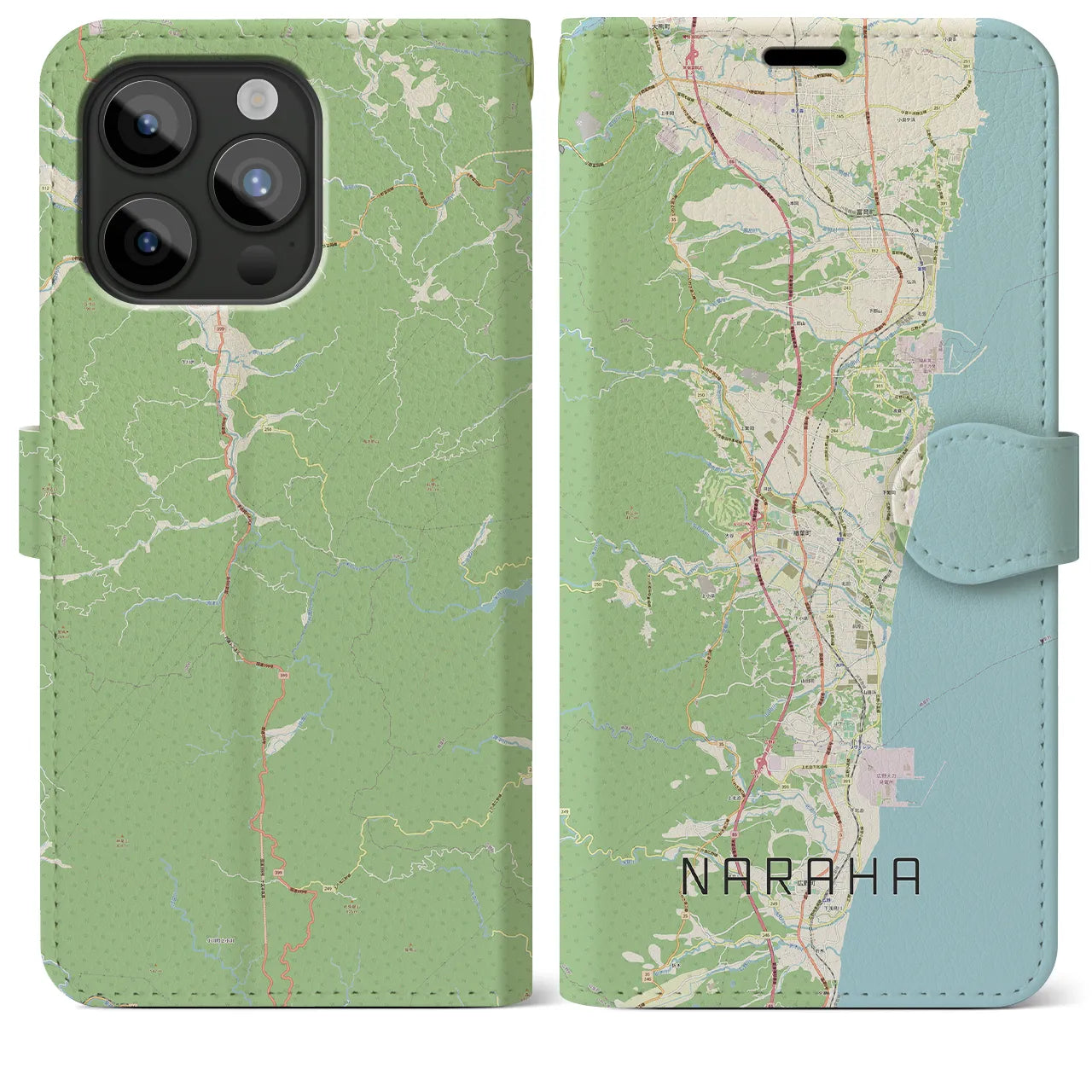 【楢葉(福島県)】地図柄iPhoneケース(手帳タイプ)ナチュラル・iPhone 15 Pro Max 用