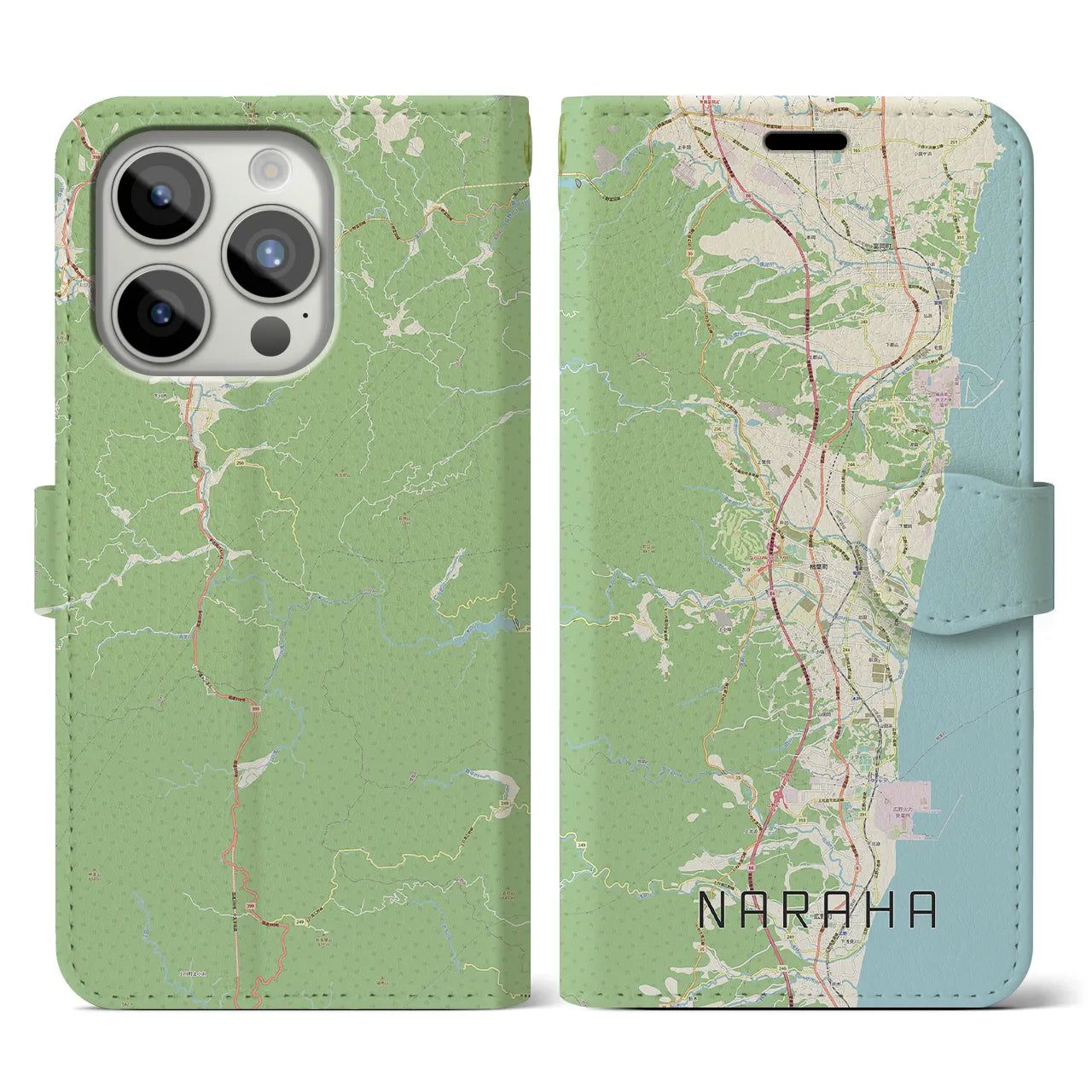 【楢葉(福島県)】地図柄iPhoneケース(手帳タイプ)ナチュラル・iPhone 15 Pro 用