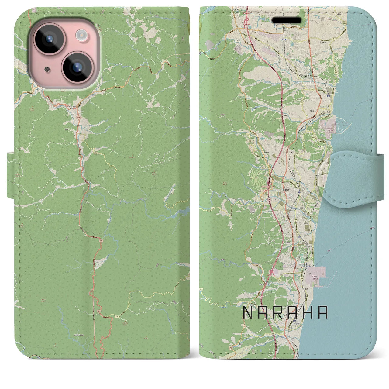 【楢葉(福島県)】地図柄iPhoneケース(手帳タイプ)ナチュラル・iPhone 15 Plus 用