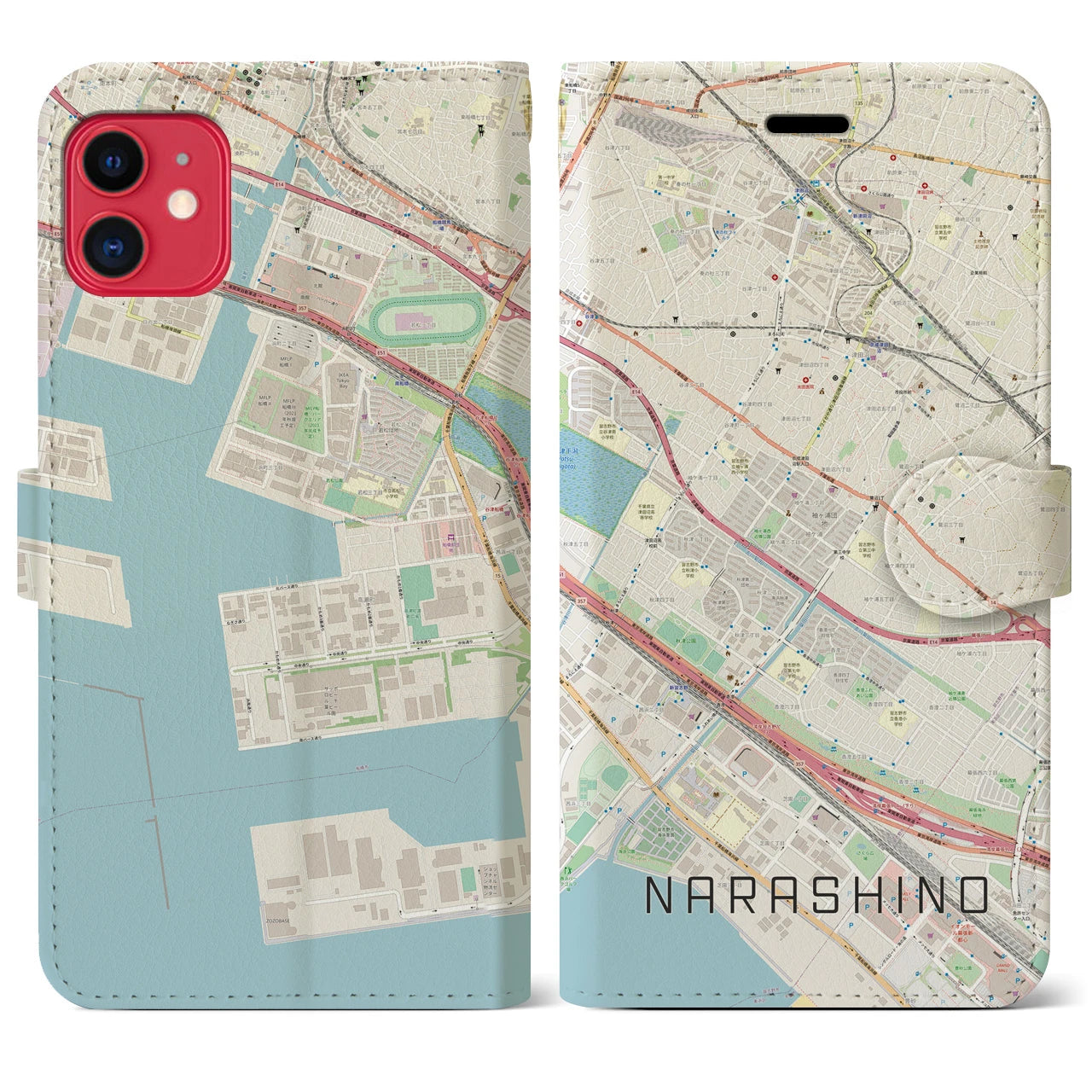 【習志野(千葉県)】地図柄iPhoneケース(手帳タイプ)ナチュラル・iPhone 11 用