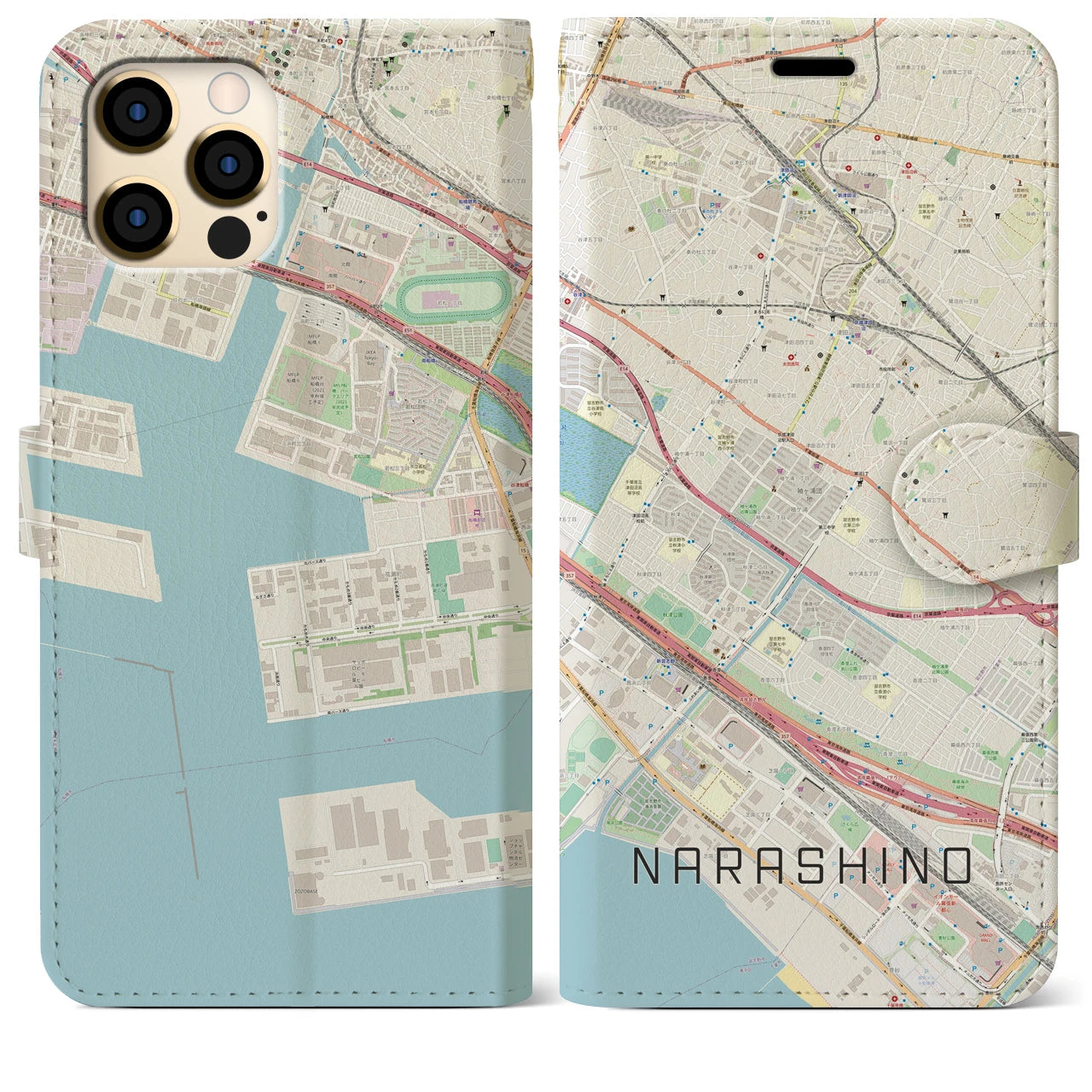 【習志野(千葉県)】地図柄iPhoneケース(手帳タイプ)ナチュラル・iPhone 12 Pro Max 用
